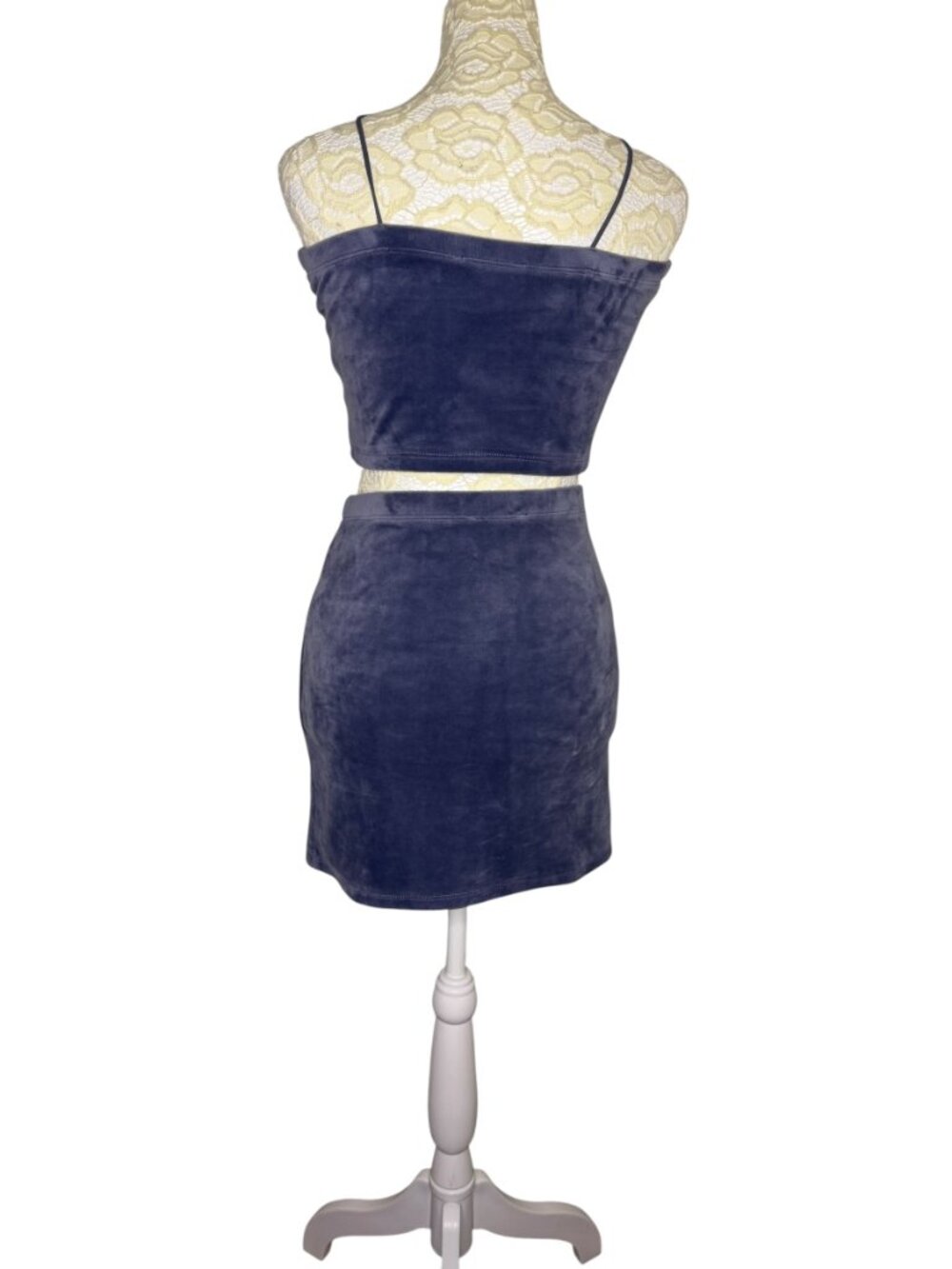 Forever 21 2 Piece Set Bandeau Top Mini Skirt Velvet Velour Blue Gray M - Picture 4 of 6